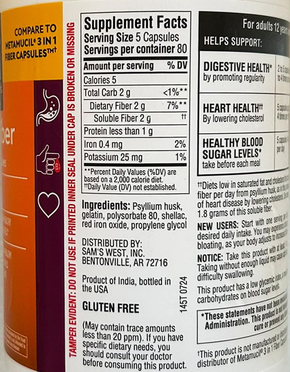 Member's Mark fiber capsules 400-count bottles side view for easy daily use