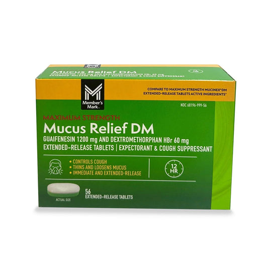 Member's Mark Mucus Relief bottle pour showing easy dosing and mucus thinning