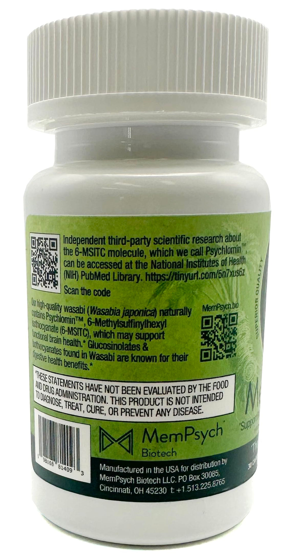 Memfocus label QR code links to research on 6-MSITC and cognition.