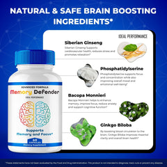 Memory Defender bottle with clear cognitive health branding on a clean surface.