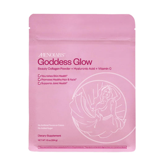MENOLABS Goddess Glow jar front shows premium collagen, ready to support daily beauty routines.
