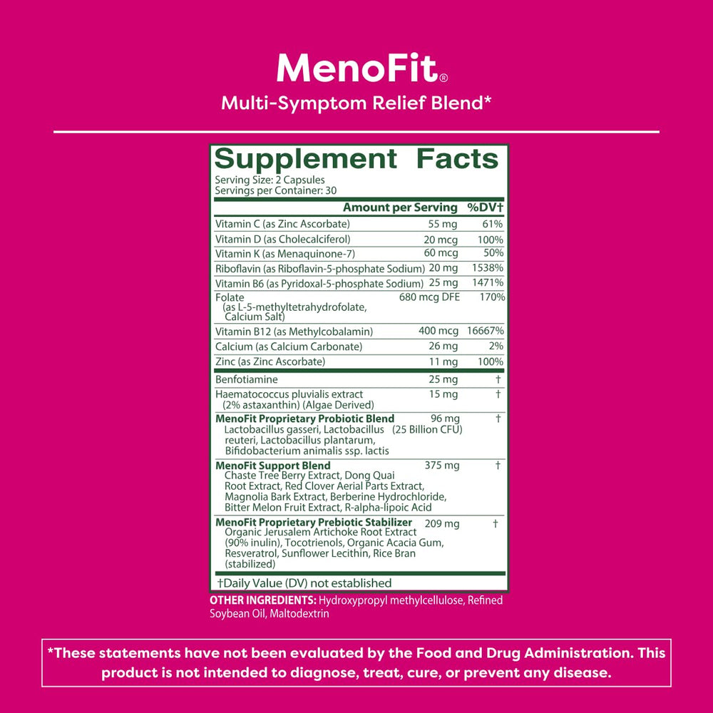 MENOLABS MenoFit digestive-health emphasis with probiotic capsules and water