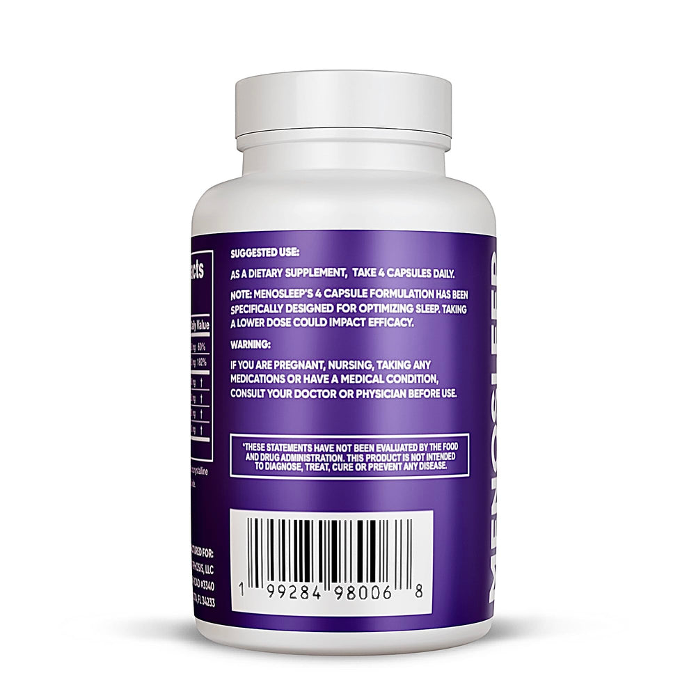 MenoSleep magnesium glycinate graphic highlights sleep support benefits.