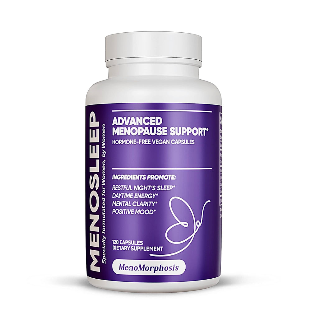 MenoSleep bottle front by MenoMorphosis promotes restful nights.