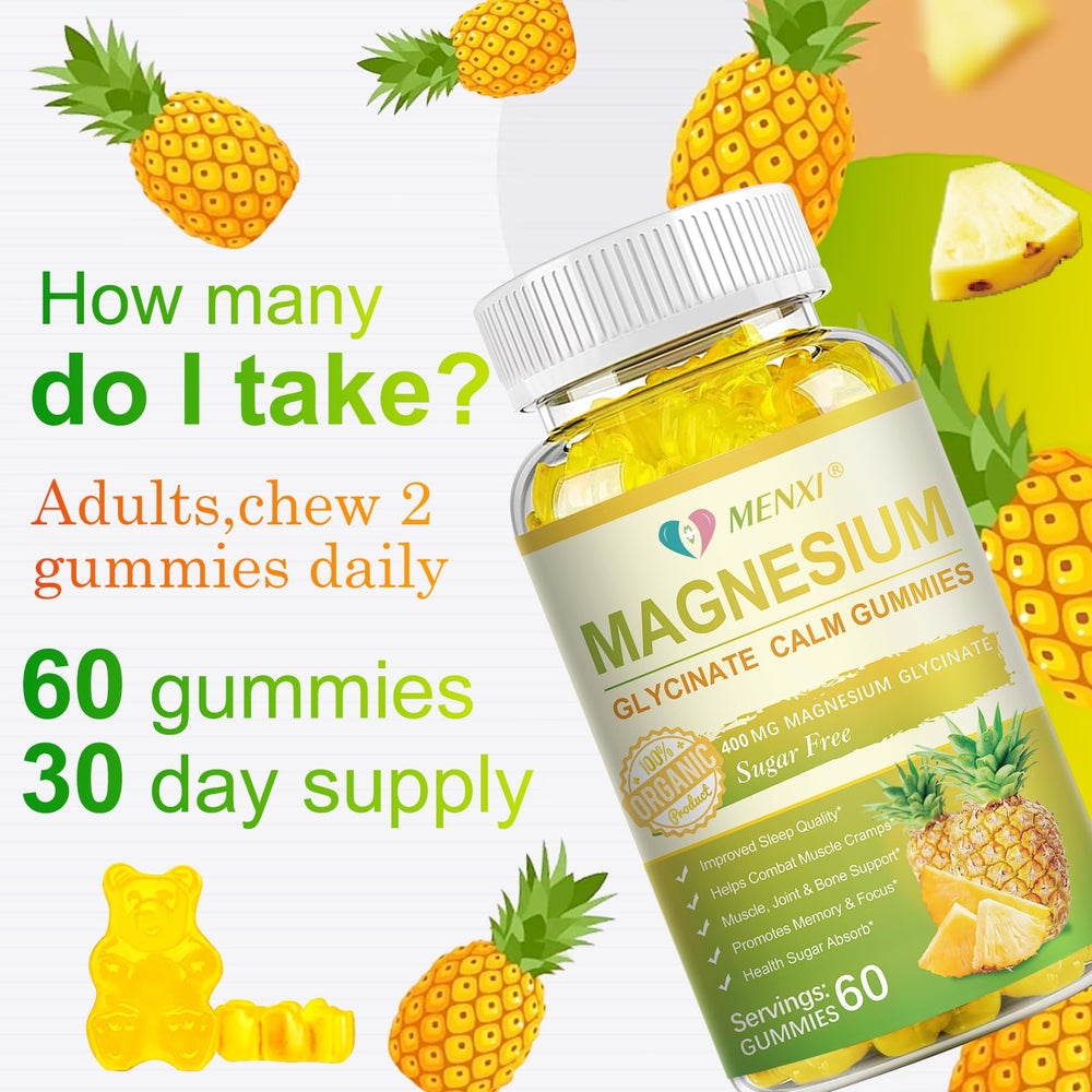 MENXI Magnesium Glycinate Gummies ingredients panel lists essential minerals and vitamins.