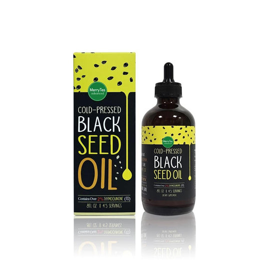 MerryTes Advanced Black Seed Oil bottle showcasing premium cold-pressed formula for immunity support.