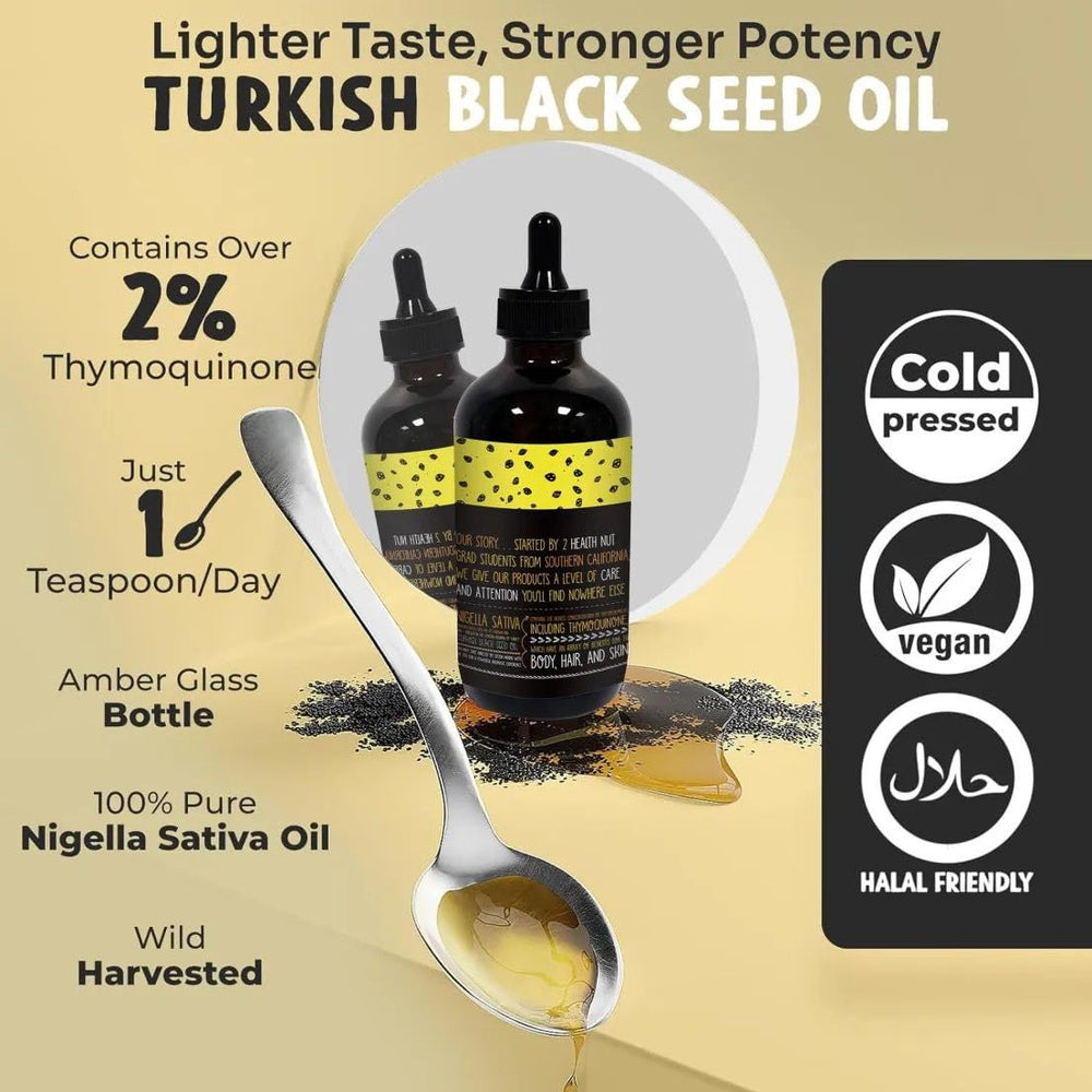Close-up of MerryTes Advanced Black Seed Oil liquid with amber color for everyday use.