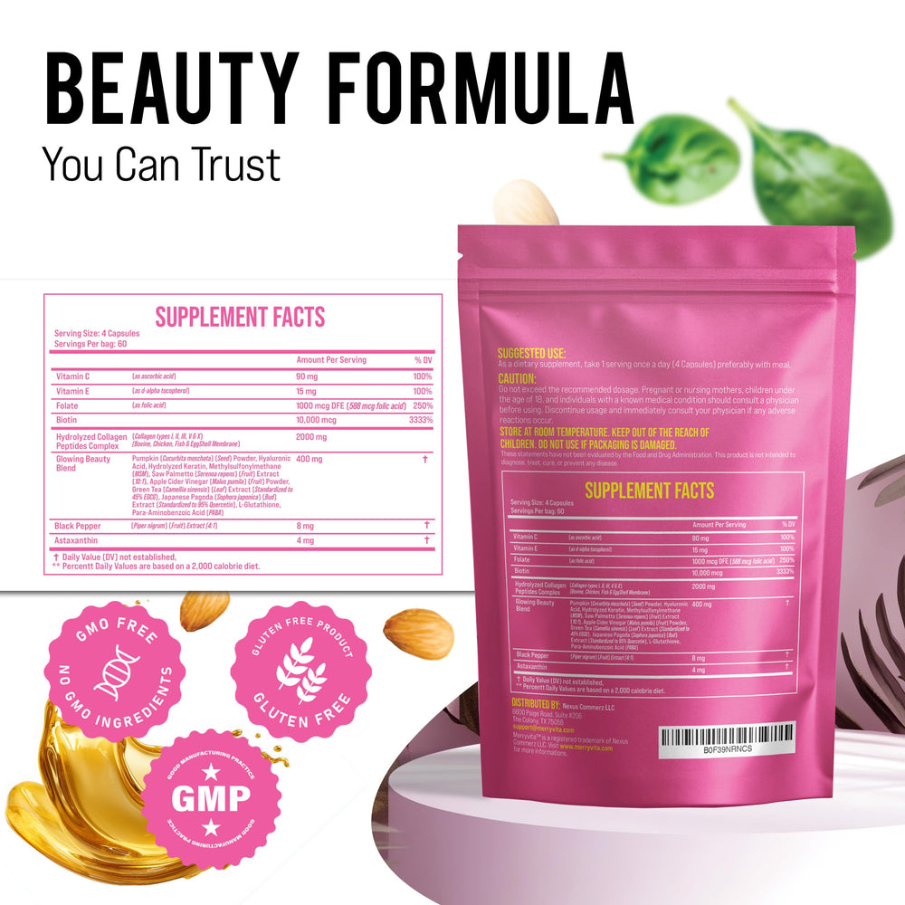 MERRY VITA ingredients label close-up featuring vitamin C and biotin.