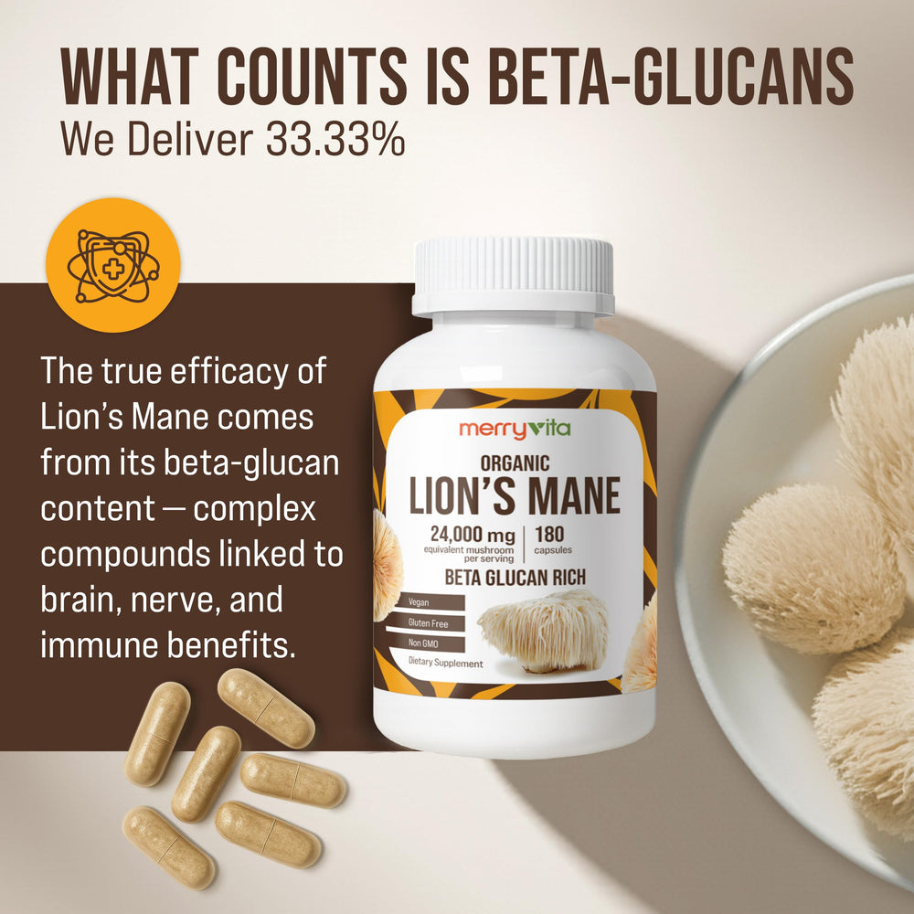 Merry Vita Lion’s Mane pour shows capsules ready for daily routine.