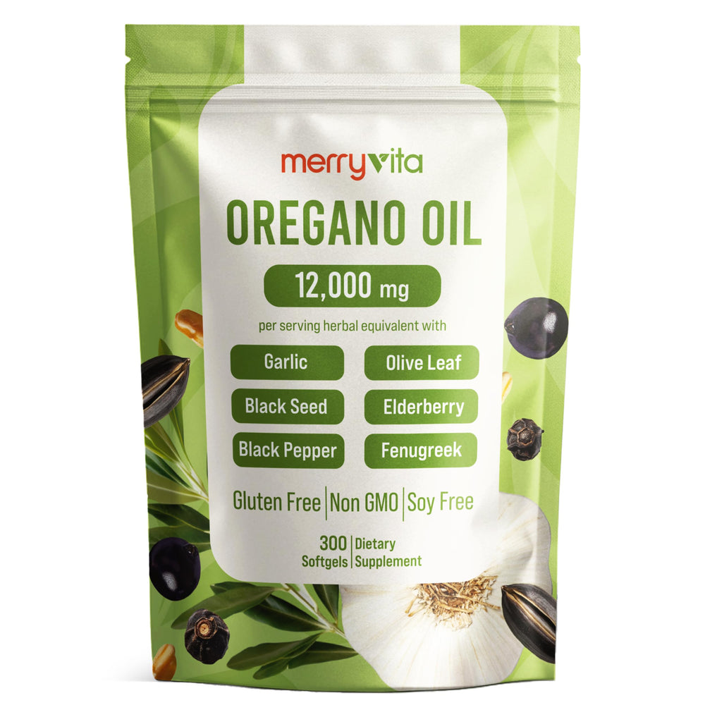 MERRY VITA oil of oregano bottle front showing oregano blend for daily immune balance.