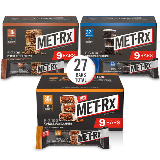 MET-Rx Big 100 Colossal bar front packaging, convenient meal replacement option for active days.