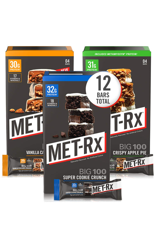 MET-Rx Big 100 Colossal Super Cookie Crunch bar, protein-rich snack for workouts.