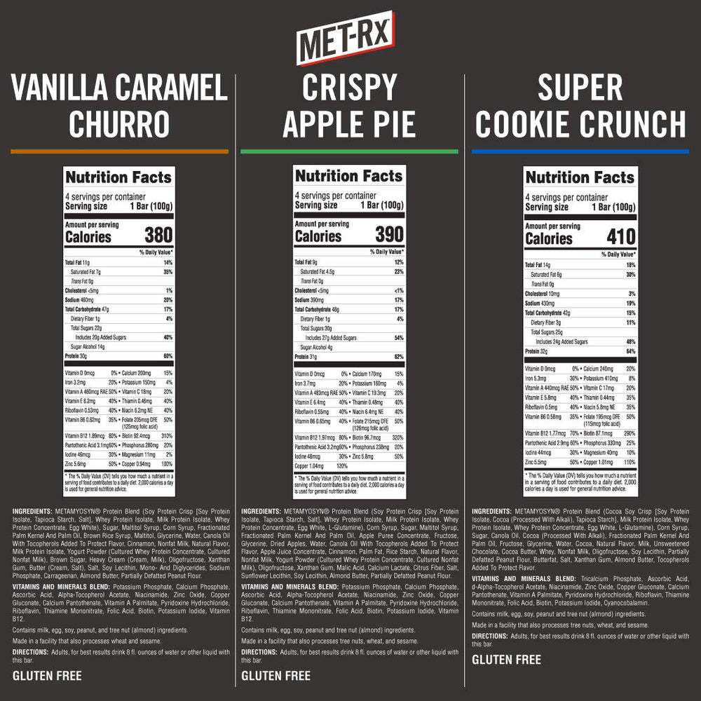 MET-Rx Big 100 Colossal Vanilla Caramel Churro bar, convenient high-protein meal on the go.