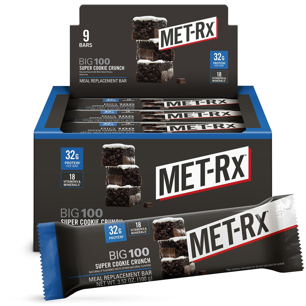 MET-Rx Big 100 Colossal Super Cookie Crunch bar packaging highlights on-the-go nutrition.