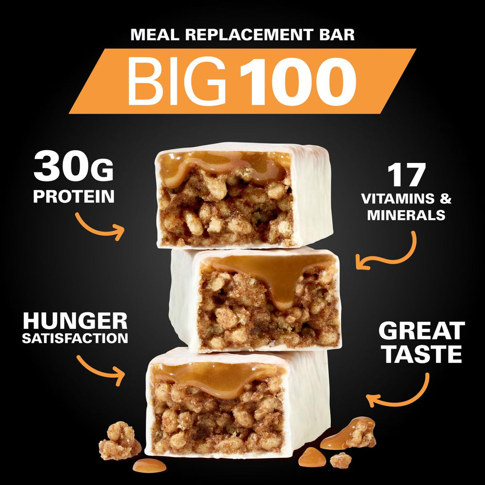 MET-Rx Big 100 Colossal vanilla caramel churro nutrition facts panel emphasizes protein.
