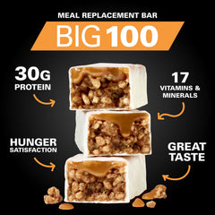 MET-Rx Big 100 Colossal vanilla caramel churro nutrition facts panel emphasizes protein.