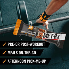MET-Rx Big 100 Colossal vanilla caramel churro bar texture close-up reveals protein-rich bite.