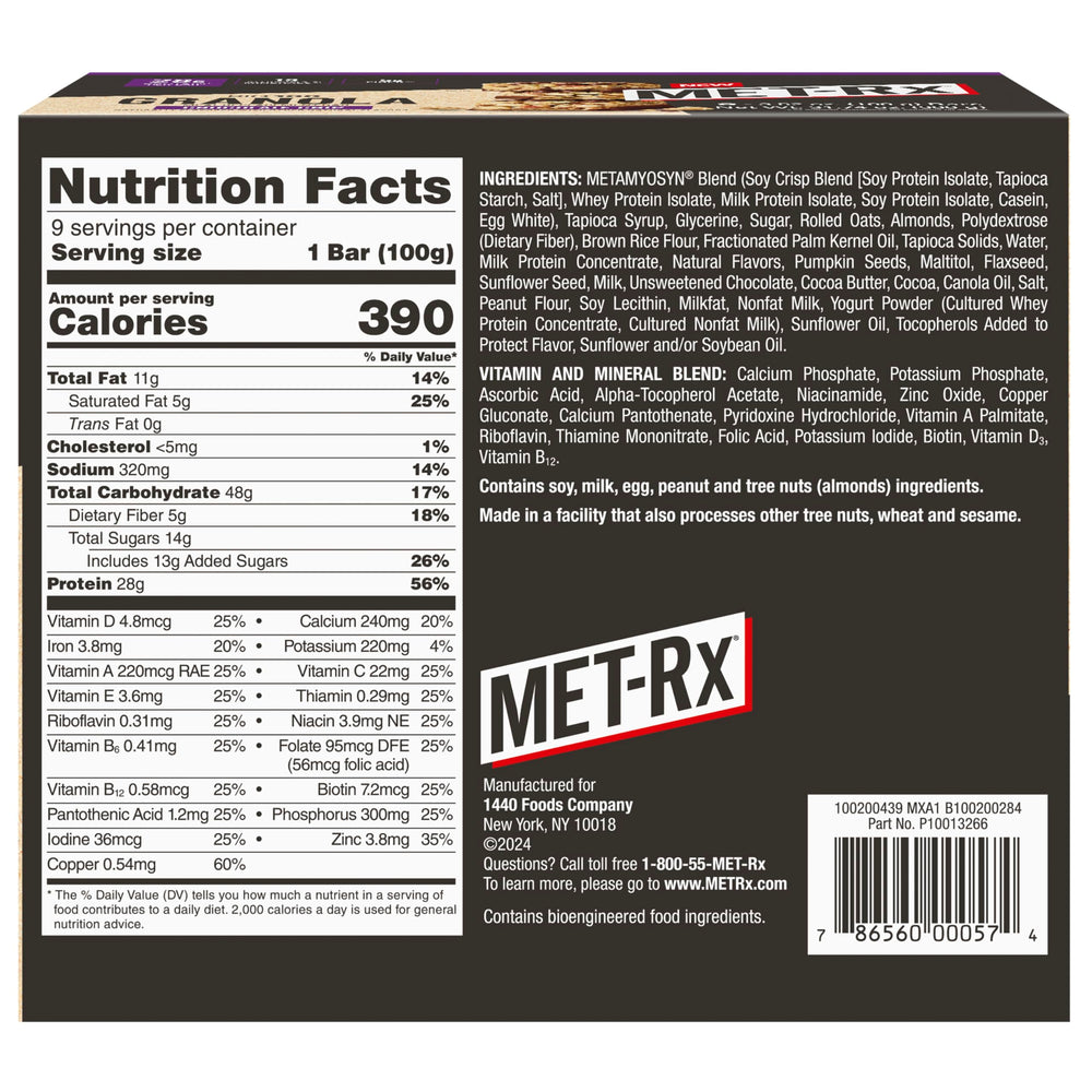 MET-Rx Big 100 Granola Bar chocolate chip front-pack display in a multi-bar pack.