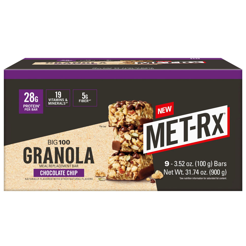 MET-Rx Big 100 Granola Bar chocolate chip wrapper showcases portable protein for active days.