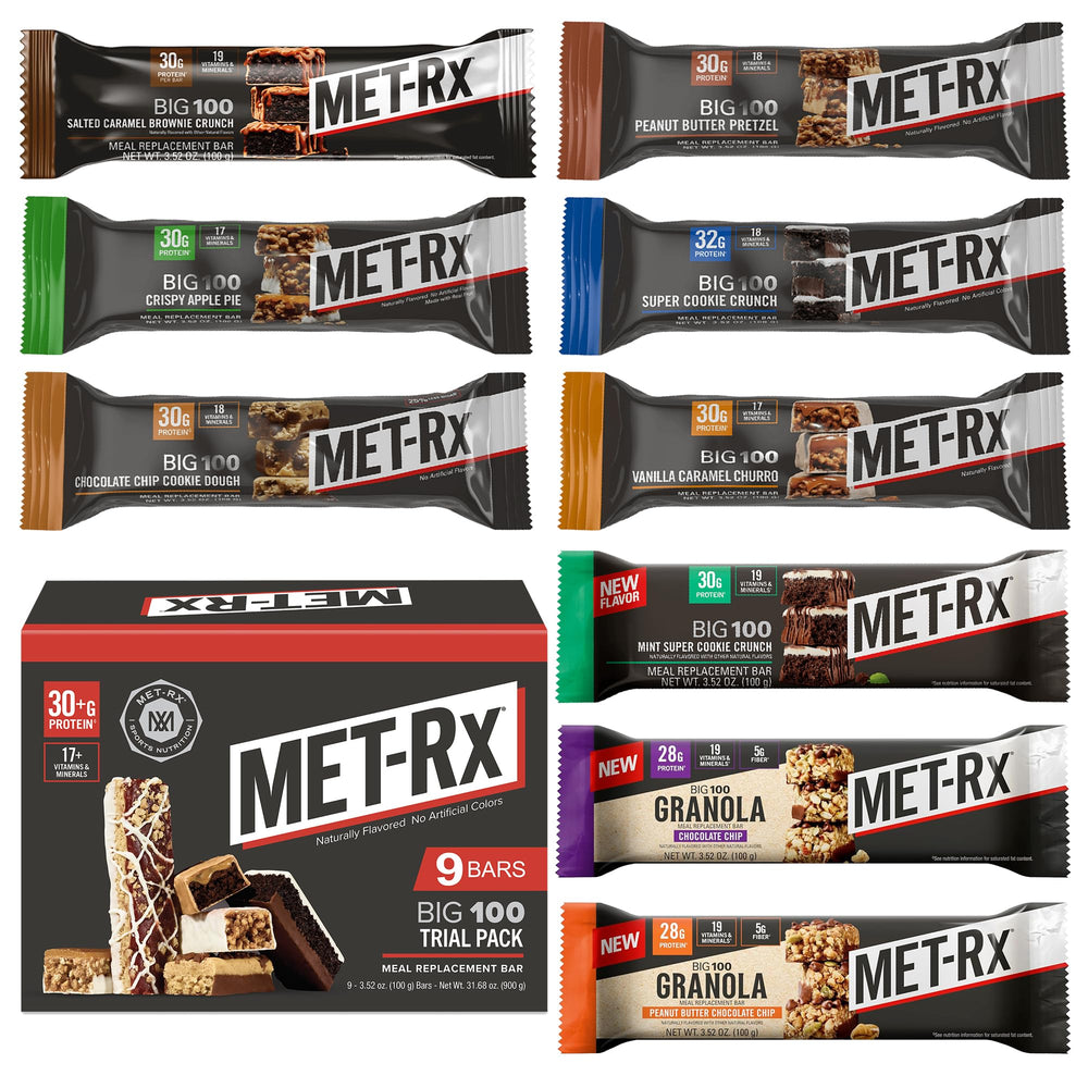 MET-Rx Big 100 Trial Pack bar packshot showing high protein nutrition for active days.