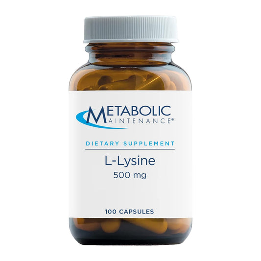 Metabolic Maintenance L-Lysine 500mg capsule on white background, supporting essential amino acid intake.