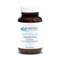 Metabolic Maintenance Vitamin D3 bottle close-up showing 25,000 IU potency for daily support