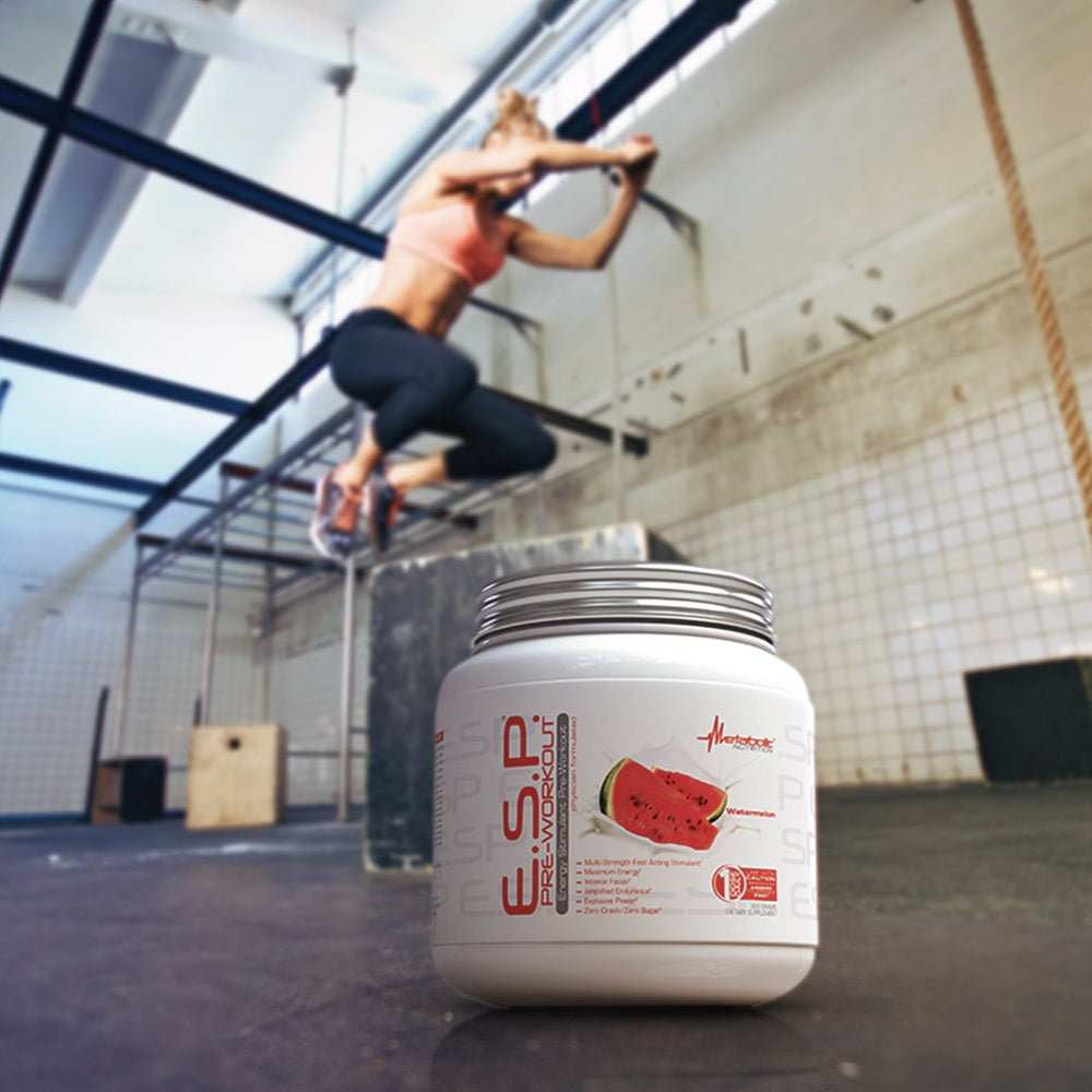 ESP bottle beside gym gear signals focus-enhanced pre-workout use.