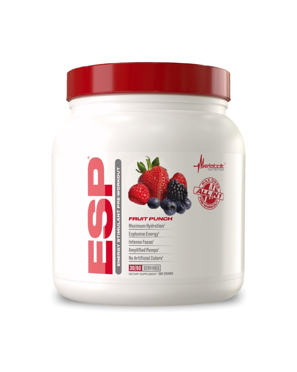 Metabolic Nutrition ESP powder in a tub ready for a pre-workout boost.
