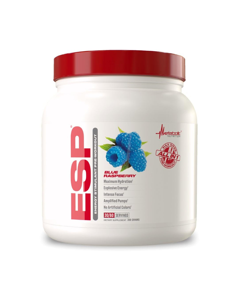 Metabolic Nutrition ESP tub front label highlighting energy-boosting pre-workout benefits