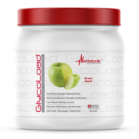 Metabolic Nutrition Glycoload tub front view showing branding and flavor benefit