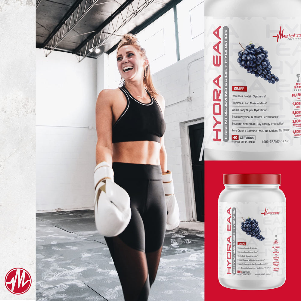 Metabolic Nutrition Hydra EAA glass with fruit punch, refreshing during workouts