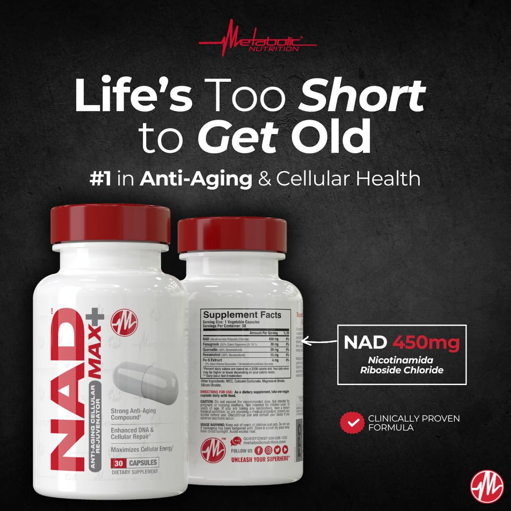 Metabolic Nutrition NAD MAX Plus+ label close-up with dosage and NAD content emphasis.