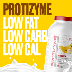Protizyme bottle beside dumbbells signaling post-workout recovery support