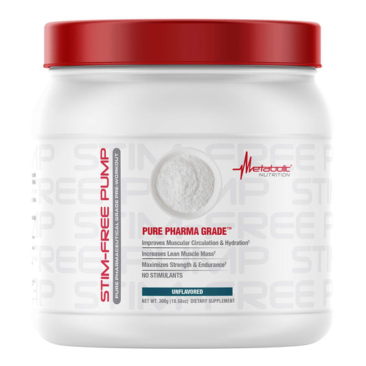 Metabolic Nutrition Stim Free Pump bottle shows stimulant-free formula for enhanced muscle pump