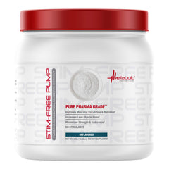 Metabolic Nutrition Stim Free Pump bottle shows stimulant-free formula for enhanced muscle pump