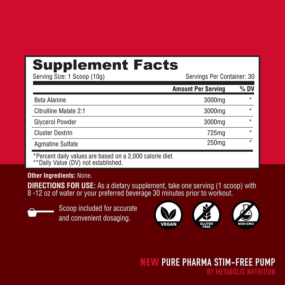 Metabolic Nutrition Stim Free Pump label close-up highlights pharmaceutical-grade ingredients for optimized absorption