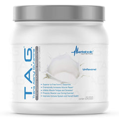Metabolic Nutrition TAG dipeptide powder in tub ready to mix for targeted muscle recovery.