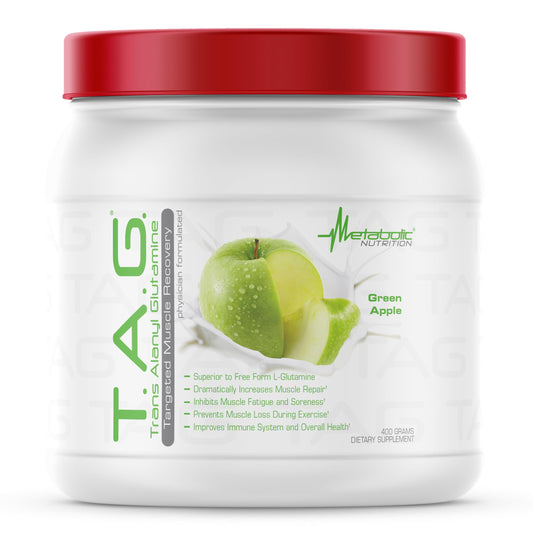 Metabolic Nutrition TAG trans Alanyl Glutamine powder bottle promoting recovery support.