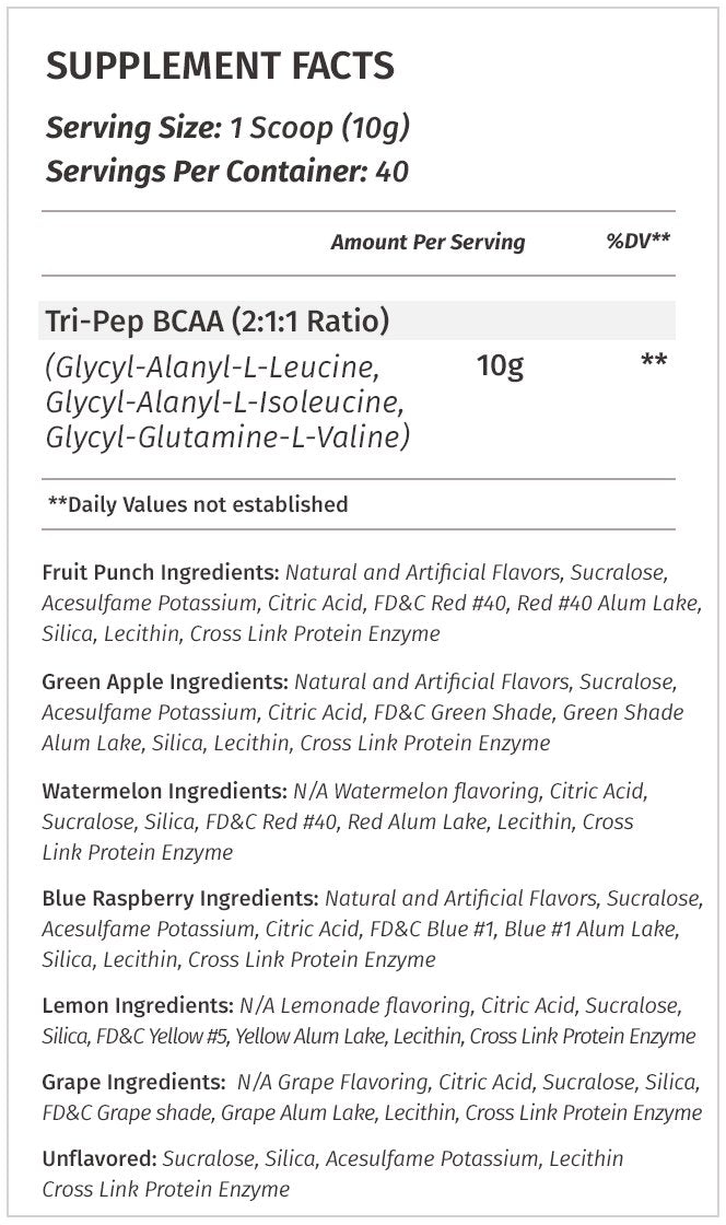 TRIPEP powder scoop shows precise serving for peptide-bonded BCAA absorption during workouts