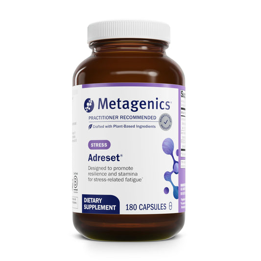 Metagenics Adreset bottle front view showing adaptogen blend for stress resilience.