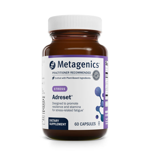 Metagenics Adreset bottle front, ready for daily stress resilience and energy support.