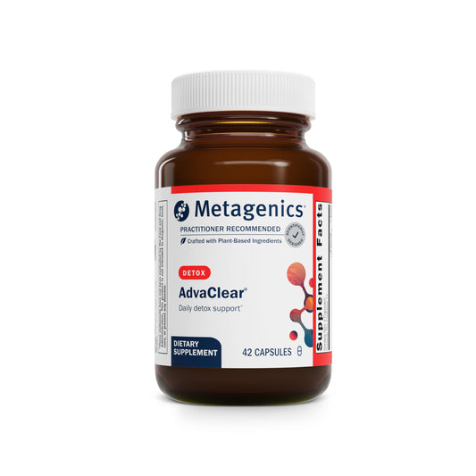 Metagenics AdvaClear bottle front, daily detox support for liver health.
