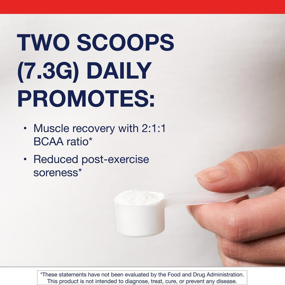 Metagenics BCAAs powder label close-up shows 2:1:1 ratio for optimized recovery.