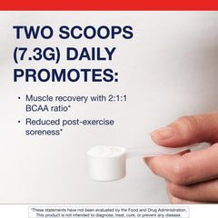 Metagenics BCAAs powder label close-up shows 2:1:1 ratio for optimized recovery.
