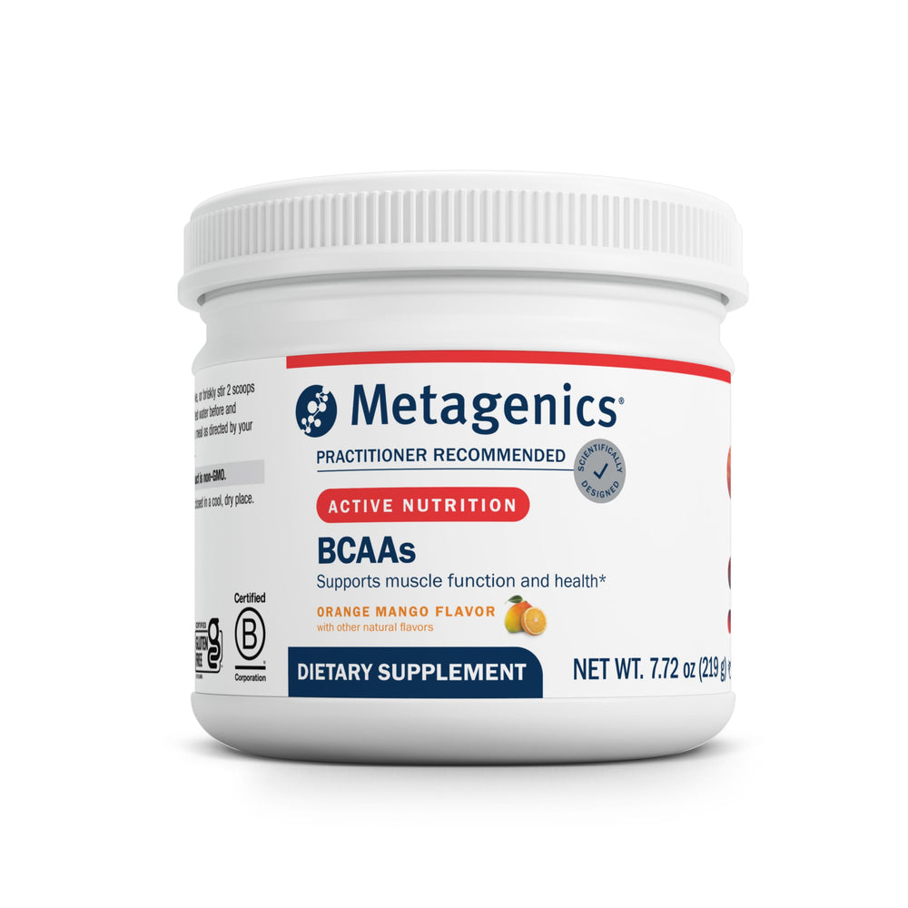 Metagenics BCAAs orange mango powder with scoop for post-workout recovery.