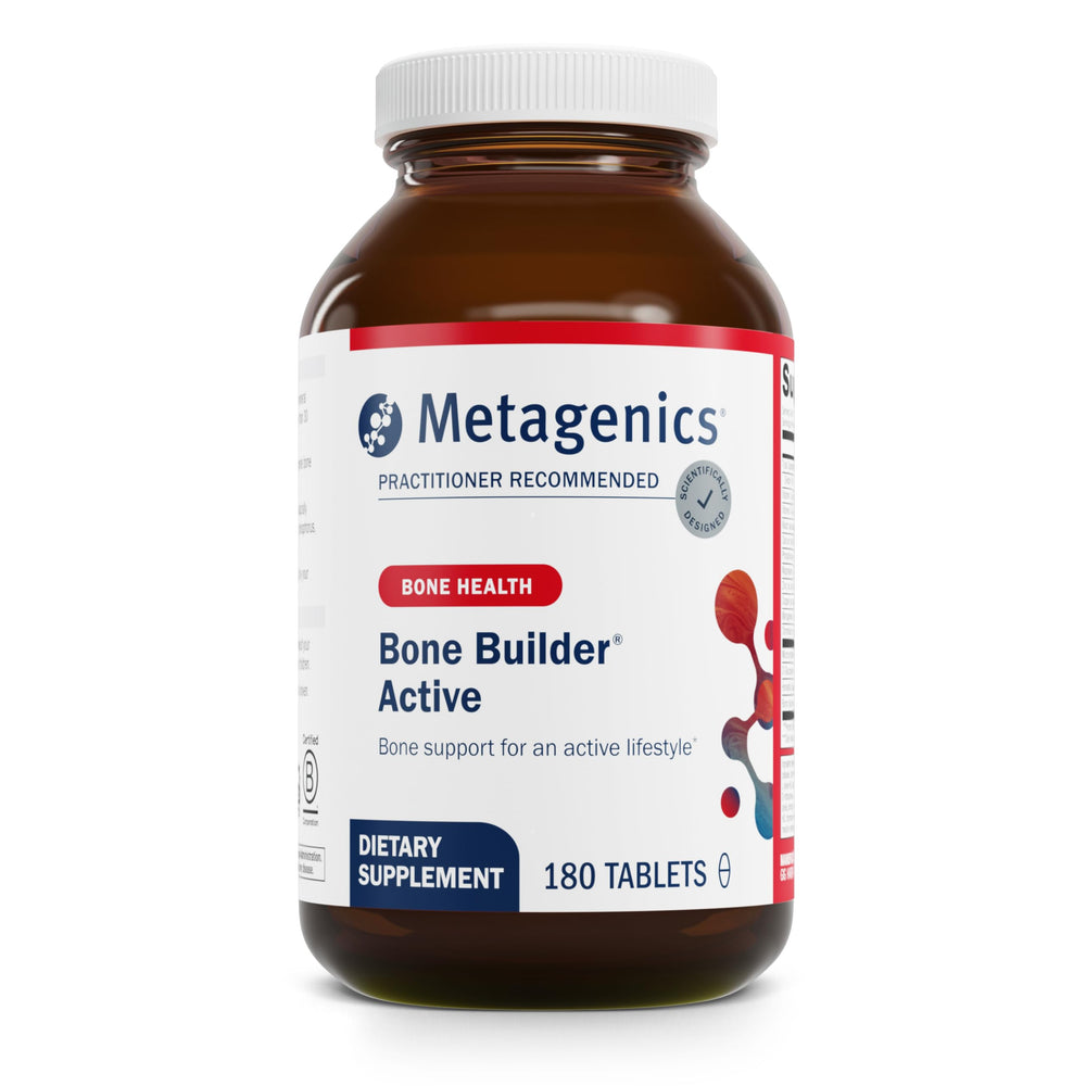 Metagenics Bone Builder Active bottle front view highlighting minerals for bone support.