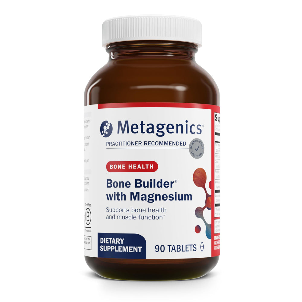 Metagenics Bone Builder with Magnesium bottle showing calcium support for bone health