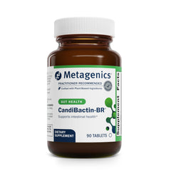 Metagenics CandiBactin-BR bottle front showing 90 vegetarian tablets for gut support