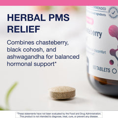 Metagenics Chasteberry Plus bottle-side view emphasizing gluten-free vegan formula benefits.
