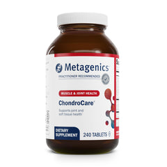 Metagenics ChondroCare bottle label emphasizes joint support for active mobility.